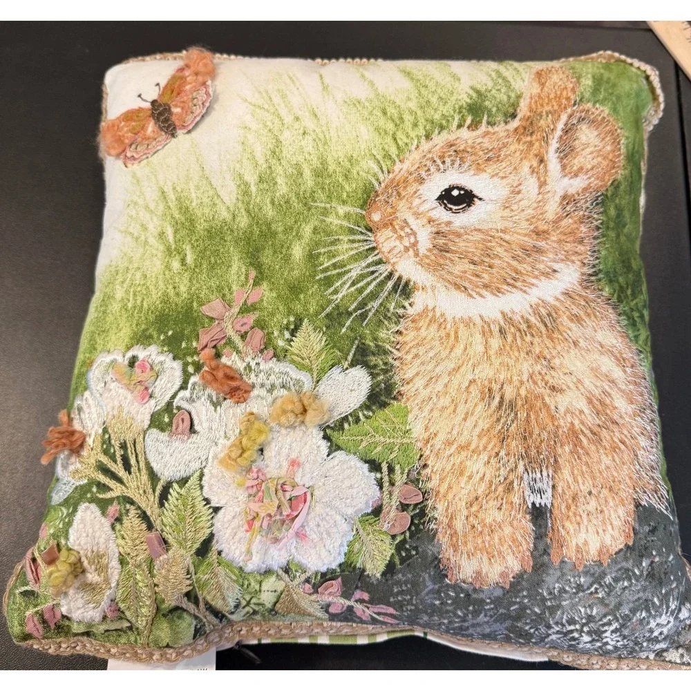 Pier 1 Imports Throw Pillow Green Embroidered Bunny Rabbit Plaid 14 x 14 Spring